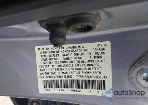 2016 Honda Civic Lx from USA, damaged, VIN 2HGFC2F53GH533662